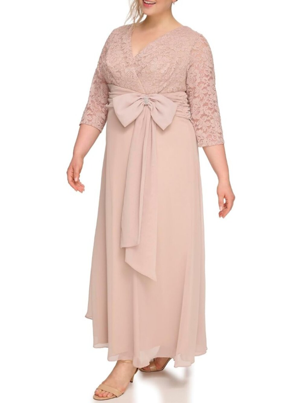 Jessica Howard ✨Champagne Lace Maxi Gown 3/4 Sleeve V-Neck Formal Dress 8 NWT